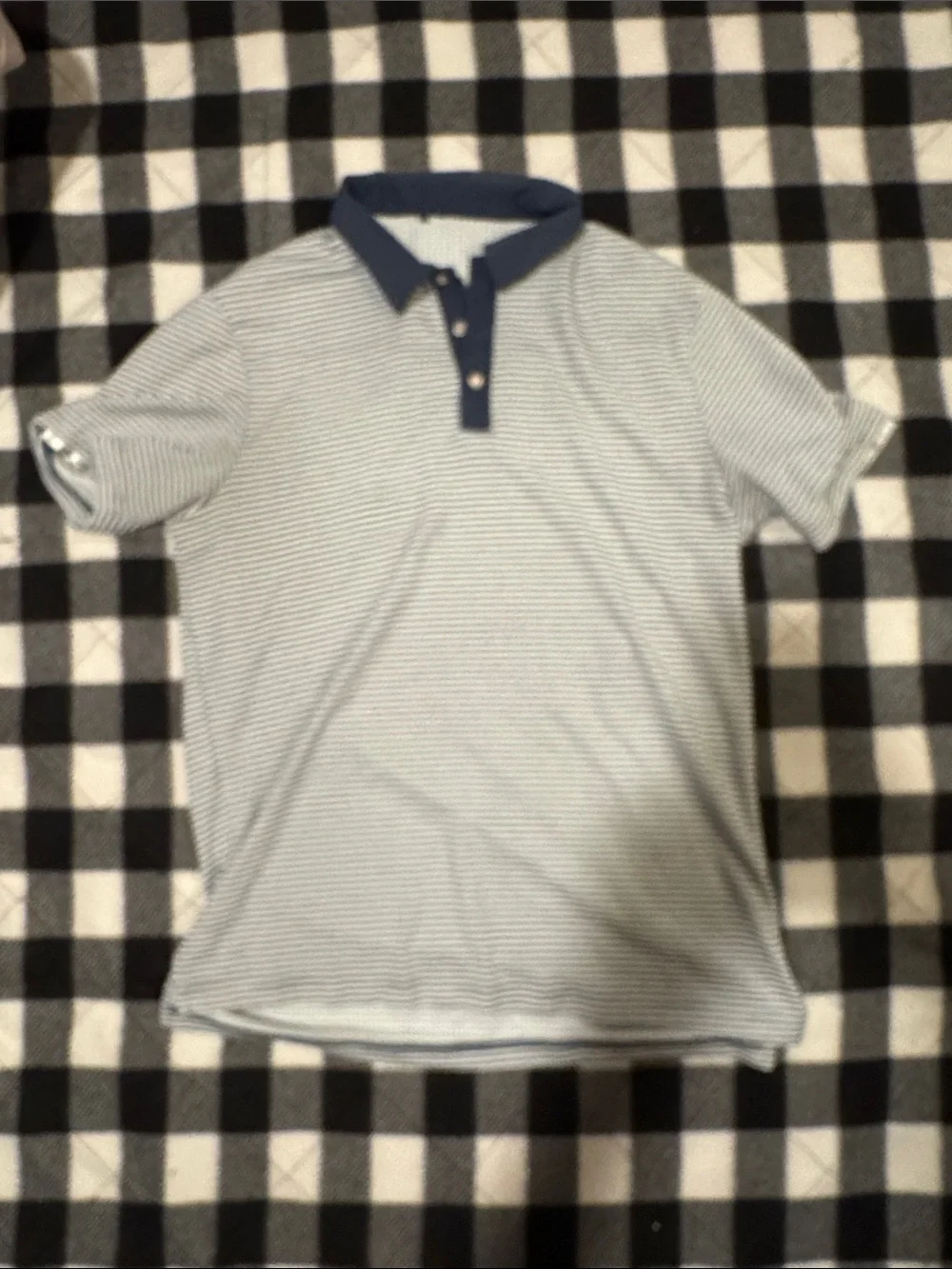 adidas Light Blue and White Fine Stripe Polo with Navy Collar